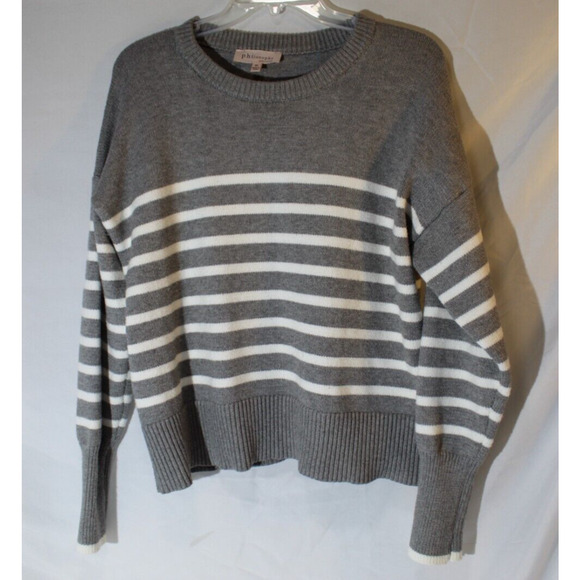 Philosophy Gray White Striped Knit Sweater Women's XL Crewneck Ribbed Ham Cuffs - Picture 7 of 10